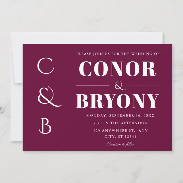 elegant bold names monogram burgundy wedding invitation (Front)