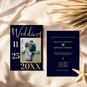 Elegant Bold Navy Blue Anchor Photo Wedding Gold Foil Invitation