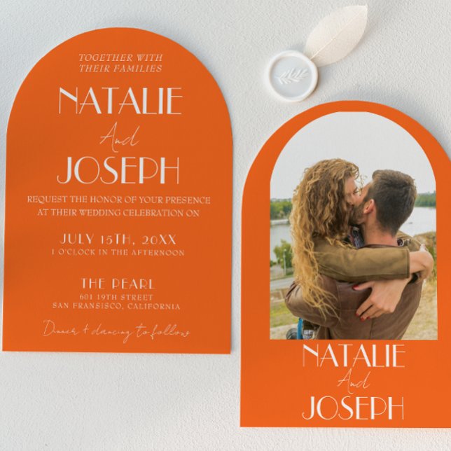 Elegant Bold Orange Retro Photo Arched Wedding Invitation (Creator Uploaded)