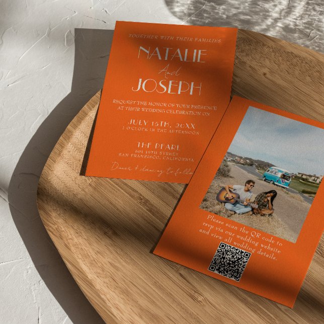 Elegant Bold Orange Stylish Photo QR Code Wedding Invitation (Creator Uploaded)
