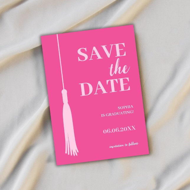 Elegant Bold Pink Grad Tassel Graduation Save The Date (graduation save the date card grad tassel elegant minimalist simple bold pink class of 2024)
