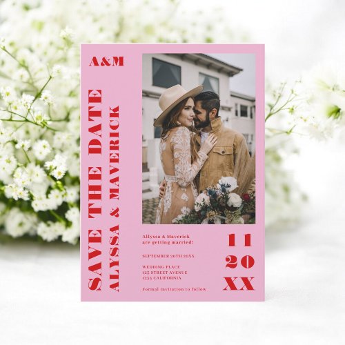 Elegant Bold Red magenta pink 2 photos wedding Save The Date