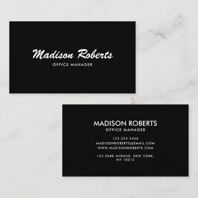 Elegant bold script black white business card (Front/Back)