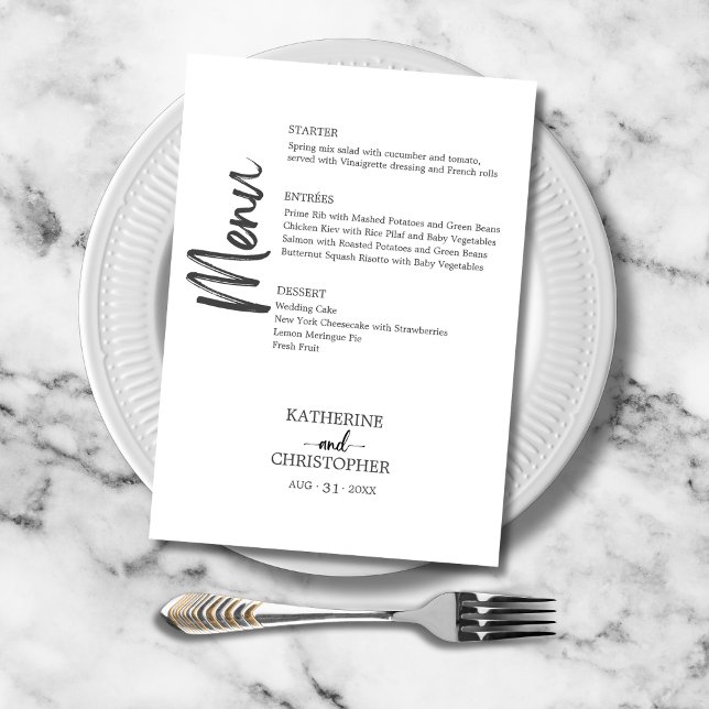 Elegant Bold Script Black White Formal Wedding Menu (Bold Black and White Vertical Script Wedding Menu with Menu Choices for each course.)