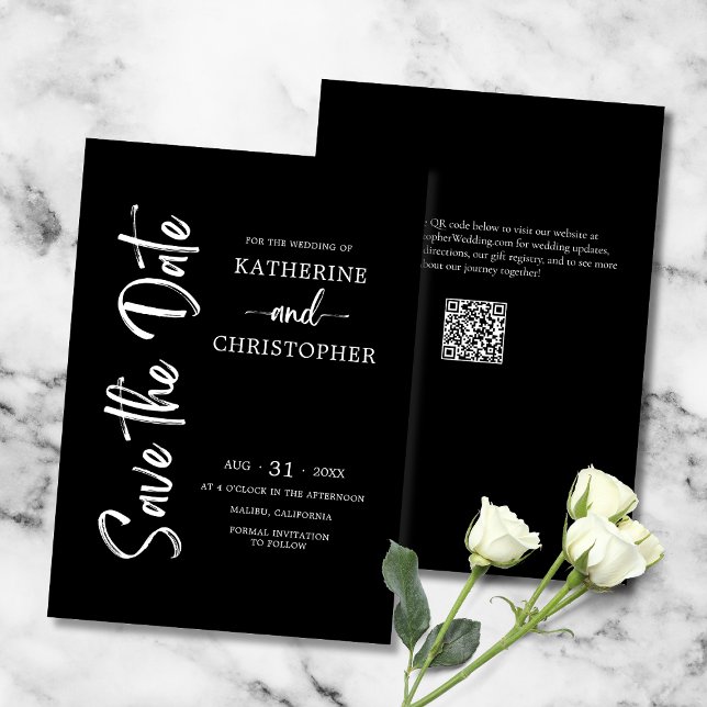 Elegant Bold Script Black White Formal Wedding Save The Date (Black and White Formal Save the Date Card with Elegant Vertical Script, QR Code, Website.)