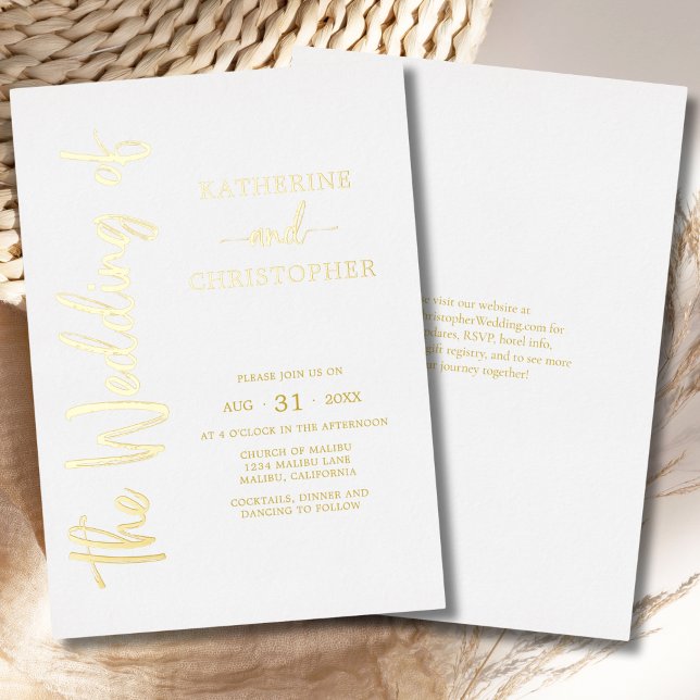 Elegant Bold Script Gold White Formal Wedding Foil Invitation (Elegant Bold Script Gold Foil Formal Wedding Invitation with vertical text. QR code for website.)