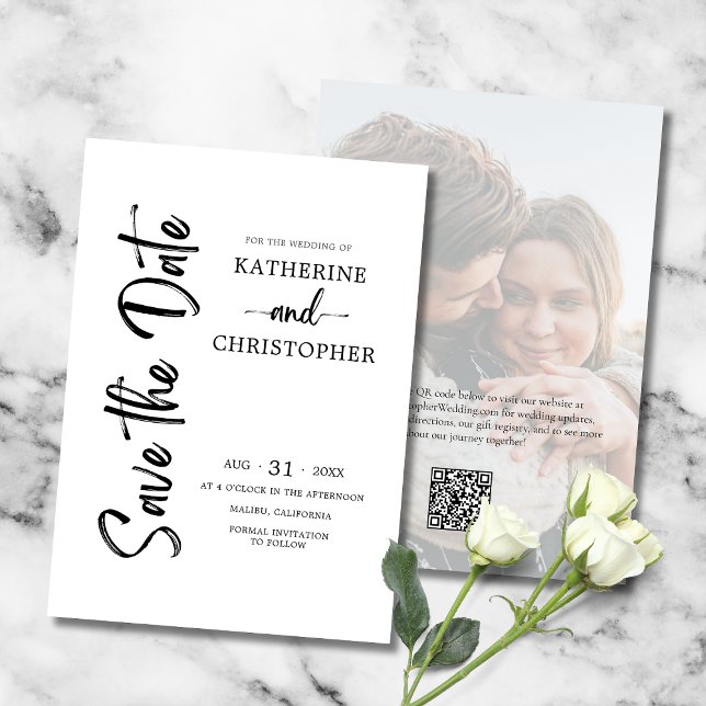 Elegant Bold Script Photo Black White Wedding Save The Date (Elegant Black & White Save the Date with Couple's Photo, Vertical Bold Calligraphy, QR Code, Website)