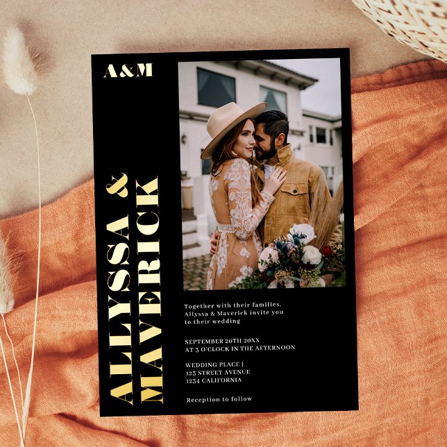 Elegant Bold simple black photo wedding Foil Invitation (Elegant Bold simple black photo wedding Foil Invitation)