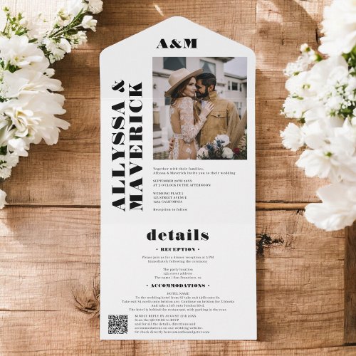 Elegant Bold simple black white photo wedding All In One Invitation