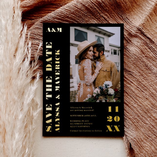 Elegant Bold simple gold  black 2 photos wedding Foil Invitation (Elegant Bold simple gold black 2 photos wedding Foil Invitation)