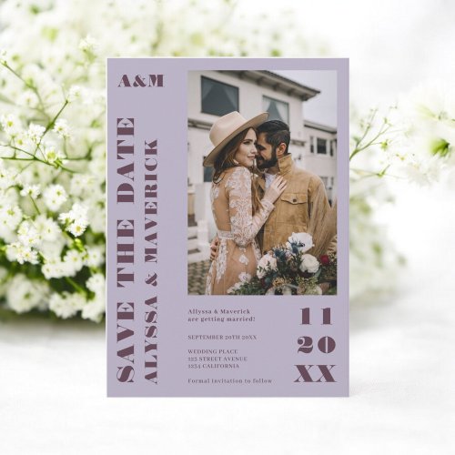 Elegant Bold simple lilac purple 2 photos wedding Save The Date