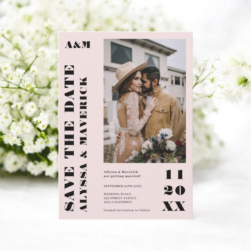 Elegant Bold simple pastel pink 2 photos wedding Save The Date