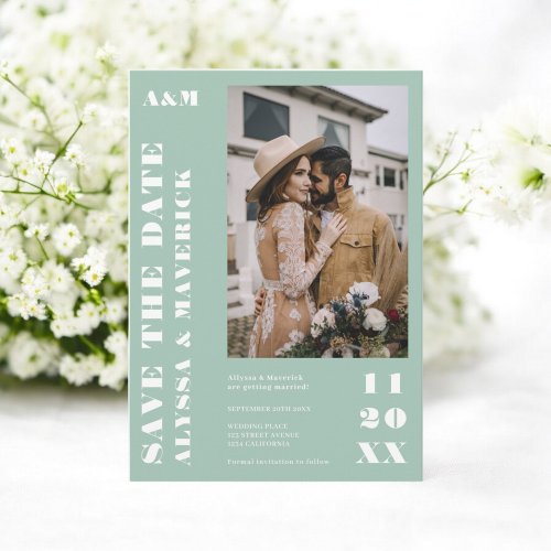 Elegant Bold simple sage green 2 photos wedding Save The Date