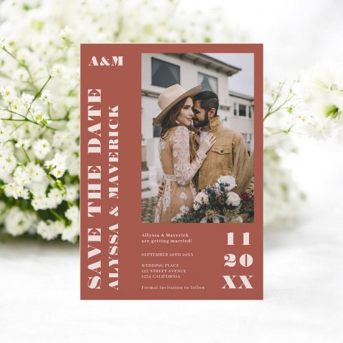 Elegant Bold simple terracotta 2 photos wedding Save The Date