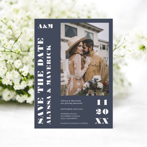 Elegant Bold simple white blue 2 photos wedding Save The Date