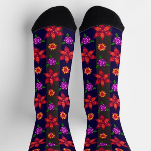  Elegant Bold Striped Floral Pattern Chic Navy Red Socks