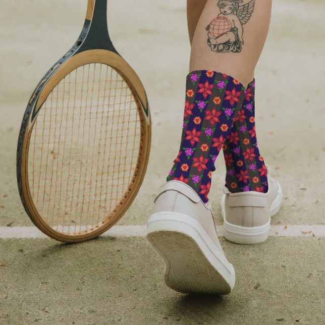 Elegant Bold Striped Floral Pattern Chic Navy Red Socks (Creator Uploaded)