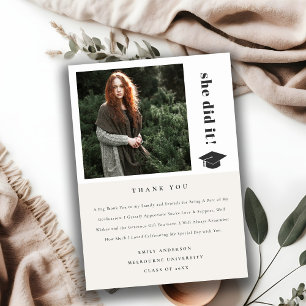 Elegant Bold Typography Graduation Cap Photo Thank You Card