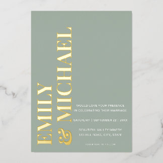 Elegant Bold Typography Sage Green Minimal Wedding Foil Invitation