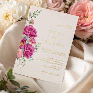 Elegant Bold Vibrant Pink Floral Wedding Gold Foil Invitation