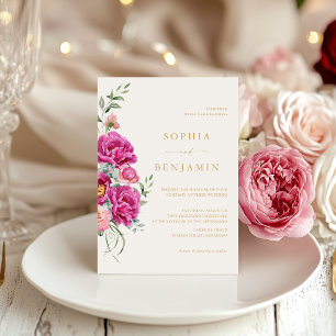 Elegant Bold Vibrant Pink Floral Wedding Gold Invitation