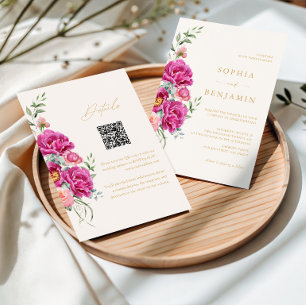 Elegant Bold Vibrant Pink Floral Wedding QR Code Invitation