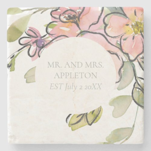 Elegant Bold Watercolor Wildflower Custom Wedding Stone Coaster