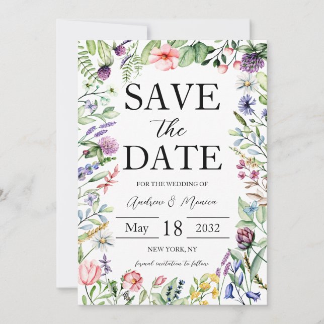 Elegant Bold Wildflowers Sage Green Wedding Save The Date (Front)
