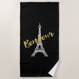 Elegant Bonjour Eiffel Tower Beach Towel