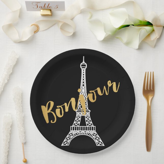 Elegant Bonjour Eiffel Tower Paper Plates (Wedding)