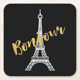 Elegant Bonjour Eiffel Tower Square Paper Coaster