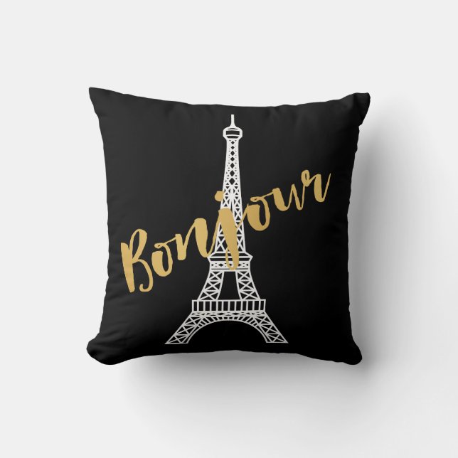 Elegant Bonjour Eiffel Tower Throw Pillow (Front)