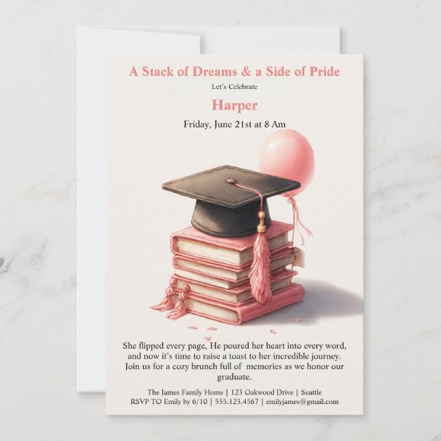Elegant Book Lover Graduation Brunch Invitation (Front)