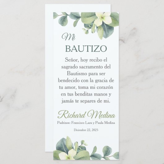 Elegant Bookmark in Spanish with Cute Green Leaves (Front/Back)
