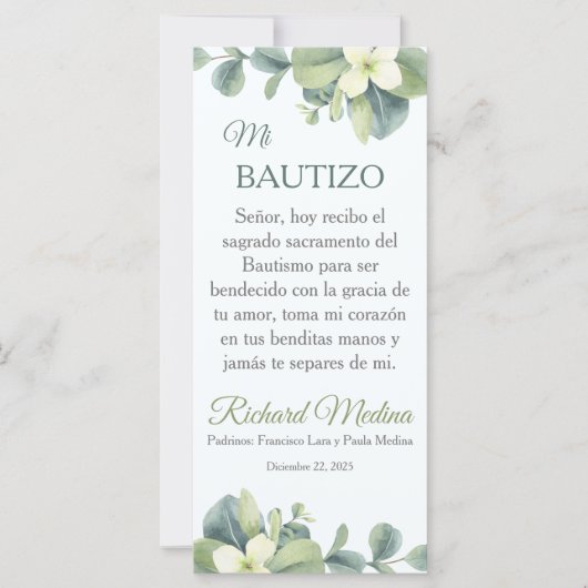 Elegant Bookmark in Spanish with Cute Green Leaves (Front)