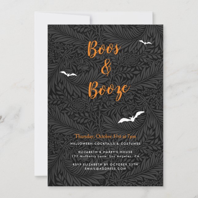 Elegant Boos & Booze Black Floral Orange Halloween Invitation (Front)
