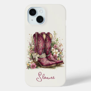 Elegant Boots with Flowers Monogrammed iPhone 15 Case
