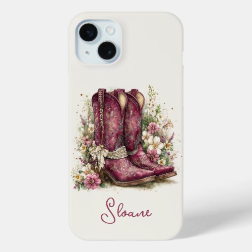 Elegant Boots with Flowers Monogrammed iPhone 15 Plus Case