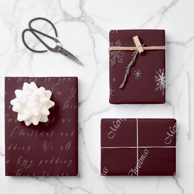 Elegant Bordeaux Red Script Christmas Wrapping Paper Sheets (Front)