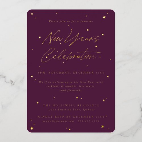 Elegant Bordeaux Scattered Stars New Year Party Foil Invitation