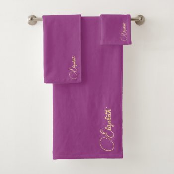 Elegant Bordeaux Template Gold Handwritten Name Bath Towel Set by art_grande at Zazzle