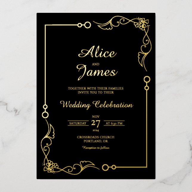 Elegant Border Black Gold Foil Wedding Invitation (Front)