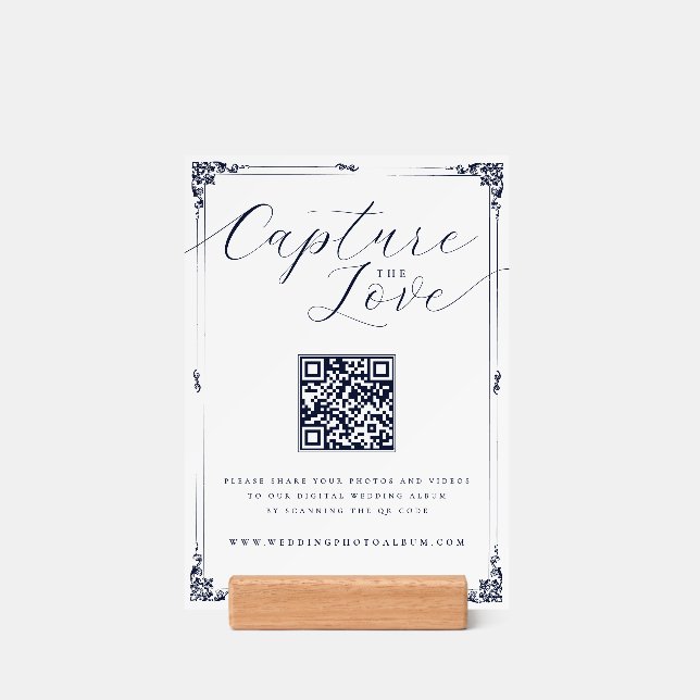 Elegant Border Capture the Love Wedding QR Code Holder (Woodblock)