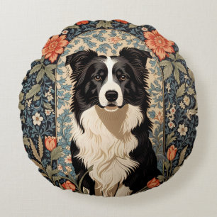 Elegant Border Collie William Morris Inspired Round Pillow