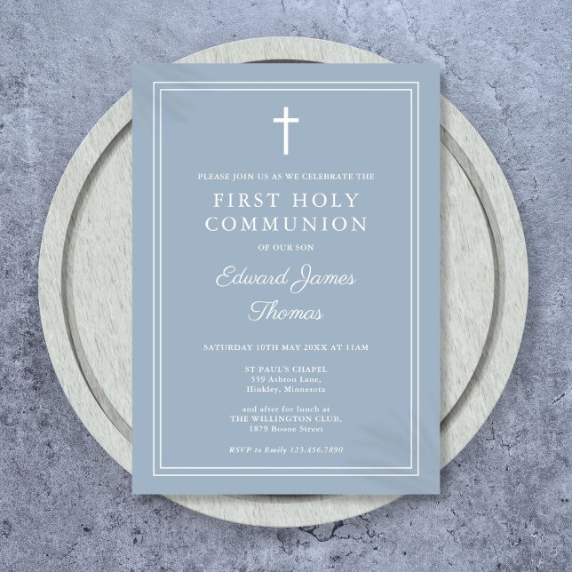 Elegant Border Dusty Blue First Holy Communion Invitation (Elegant Border Dusty Blue First Holy Communion Invitation)