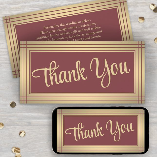 Elegant Border Gold Script Burgundy Thank You Card (Creator Uploaded)