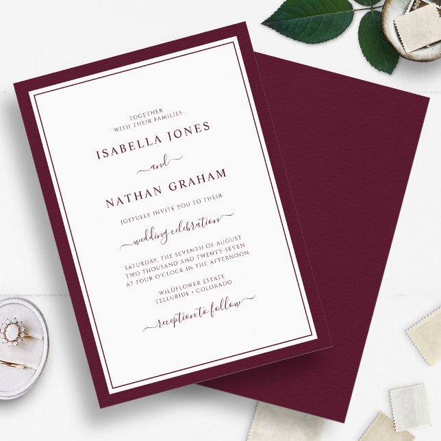 Elegant Border Minimalist Burgundy Script Wedding Invitation (Simple Elegant Border Minimalist Burgundy Script Wedding Invitation by Painted Paperie
)