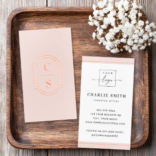 Elegant border monogram custom logo blush pink foil business cards