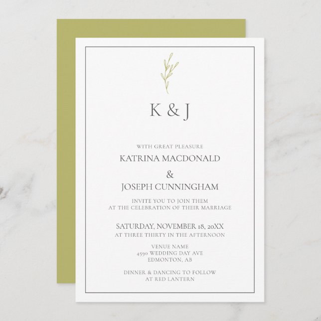 Elegant Border Monogram sage green Leaf Minimalist Invitation (Front/Back)