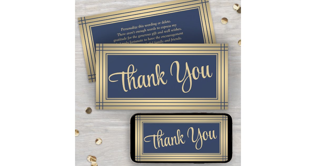 Elegant Border Navy and Gold Script Thank You Card | Zazzle